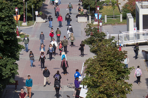 An overhead view of students walking on campus
