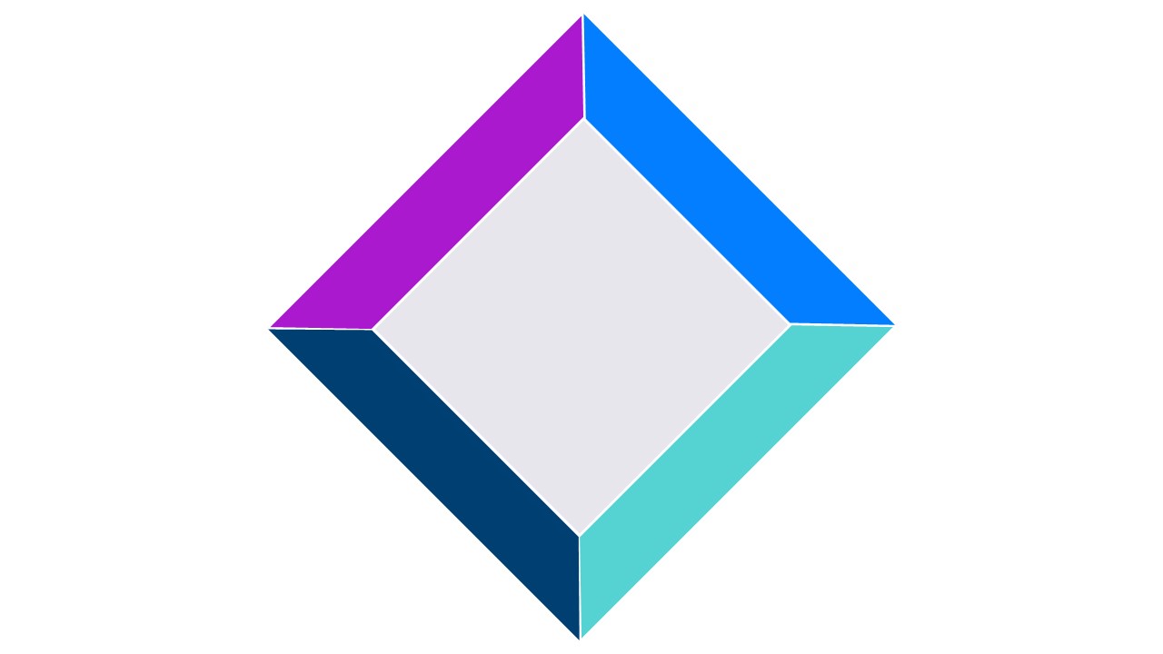 Four coloured trapezoids (purple, blue, navy blue and teal) form a square with a grey center.