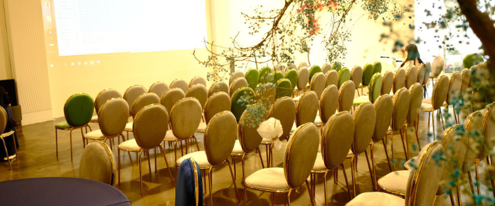 Rows of chairs facing a presentation with a table and an overhanging tree