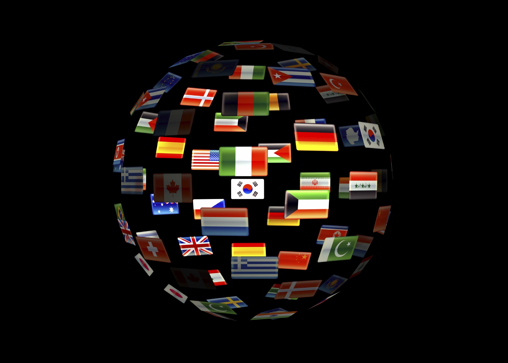 world flags overlaying a globe