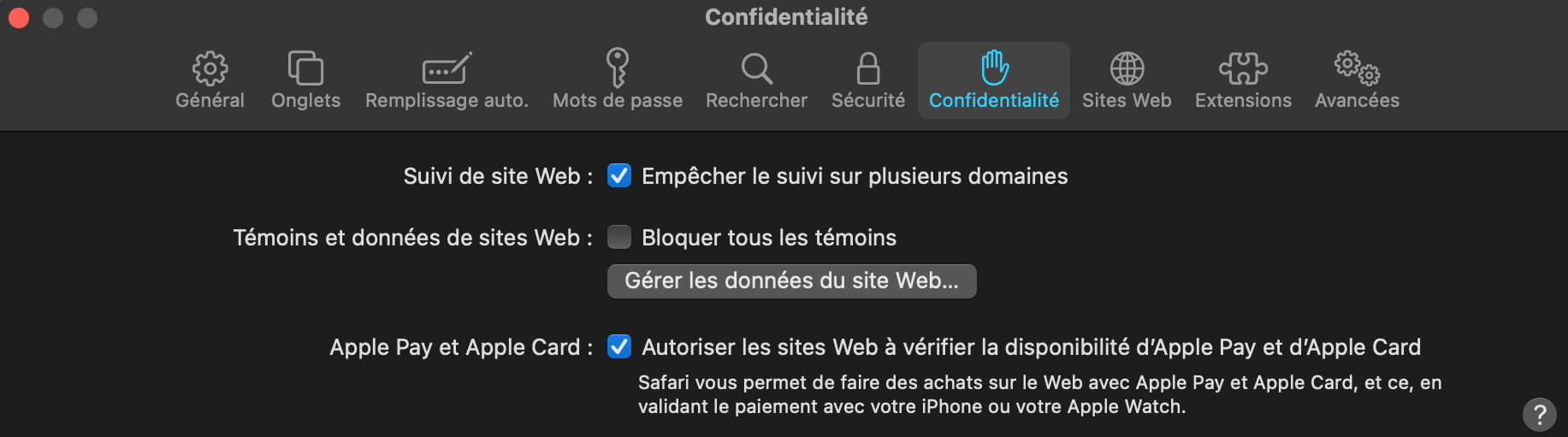 capture d'écran des paramètres de confidentialité sur Safari