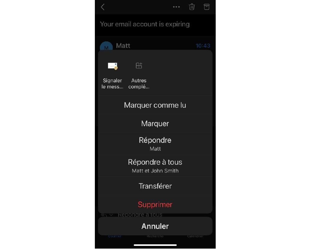Capture d'écran de la fonction Signaler un message sur Outlook pour iOS