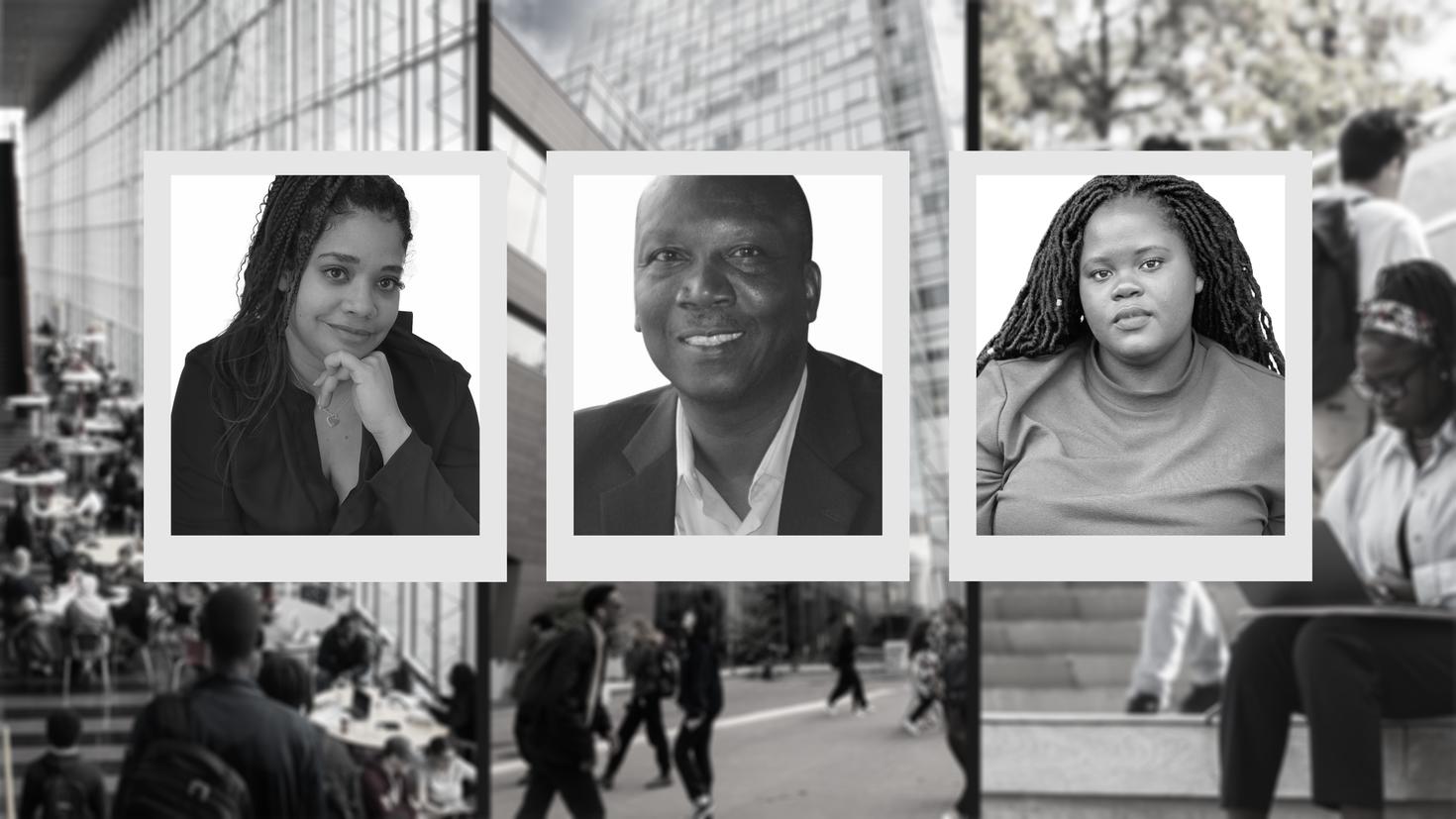 Photos de Karine Coen-Sanchez, du professeur Kon K. Madut et de Wina Darius, superposées à des photos d'étudiants Noirs sur le campus de l'Université d'Ottawa.