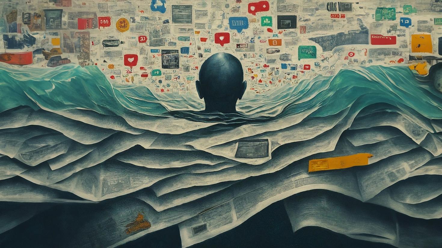 Illustration d'une personne se noyant dans une mer d'informations constituée de journaux.