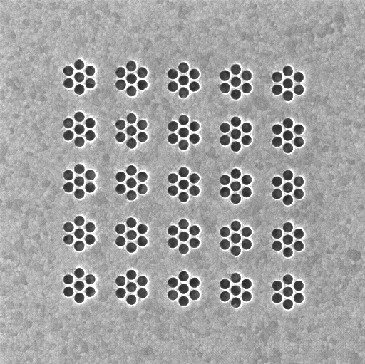 Array of 25 heptamer-arranged nanoholes milled using He+ beam
