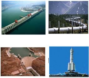 Top left - image of a bridge; top right - image of a pipeline winding through a forest; bottom left - image of a water dam; bottom right - image of a rocket ship on a platform